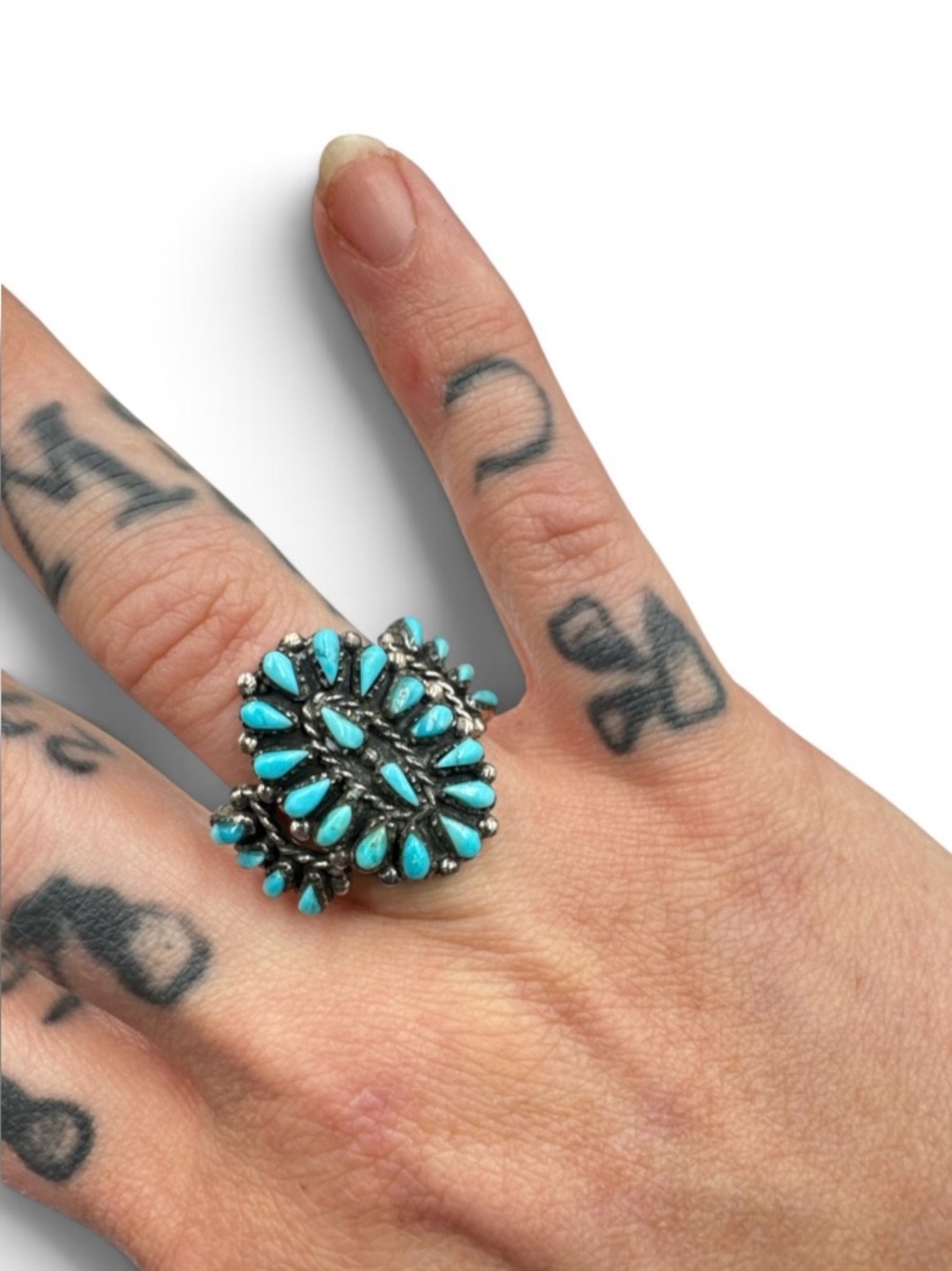 Vintage Sterling Silver Turquoise Petit Point Zuni Style Cluster Ring size 9.5